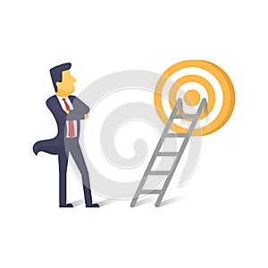 Business info graphic with businessman with ladder to target