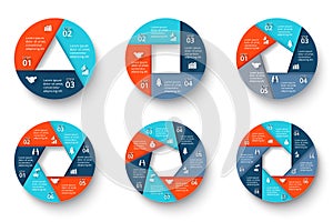 Business infographic with 3, 4, 5, 6, 7, 8 steps.