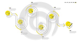 Business Infographic 5 steps timeline. Workflow process with Research, Working idea, Analysis and Reward icons. Vector