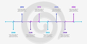 Business infographic for company milestones timeline template with years. Concept of business development with 8