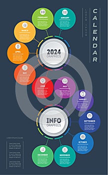 Business Infographic concept with 12 months, steps or technology processes. Time line with Twelve icons. Calendar template.