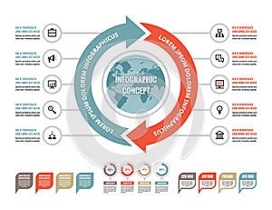 Business infographic concept - creative vector layout with icons. Globe and arrows illustration. Circles and cycle.