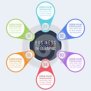 Business infographic design 6 steps, objects, elements or options infographic circle design template