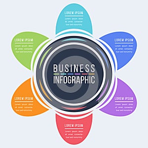 Business infographic design 6 steps, objects, elements or options infographic circle design template