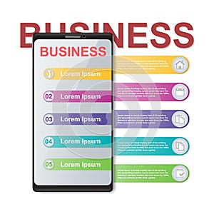 Business infographic design template with 3D smartphone icon. Online, marketing concepts.