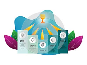Business infographic element template, 5 steps to success, how to reach goal, teamwork illustration, hands point to trophy. right