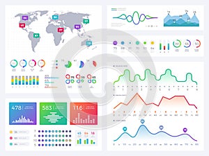 Business infographic elements, flowing graphics, stock market reports and workflow charts vector set