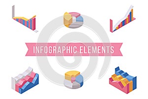 Business infographic elements isometric illustrations set. Various histograms, multicolor pie and stacked area charts