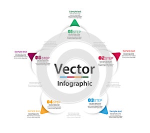 Business infographic  with five round paper white elements with arrows or pointers. Round  chart with 5 colorful circular elements