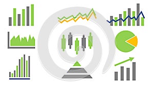 business infographic icon, up and down trend. stock market illustration vector. pie charts, lines, arrows, histograms