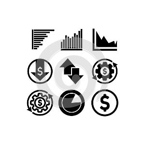 Business Infographic. Money, dollar bill icon. Set of charts and graphs. Statistics, pictogram, data set on isolated white