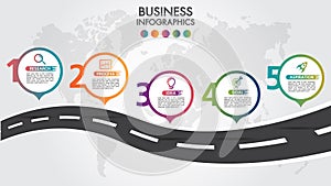 Business Infographic road design template with icons colorful pin pointer and 5 numbers options. Can be used for process present