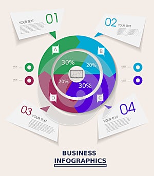 Business infographic template with four options circle pie chart arrow on pink background