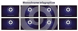 Business infographics. Area chart,ring chart, pie chart.  Vector monochrome templates 3, 4, 5, 6, 7, 8, 9, 10 positions for text