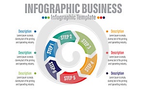 Business infographics. Circle with Six 6 Steps, Six 6 option, Six 6 parts, arrows. Vector template