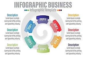 Business infographics. Circle with Six 6 Steps, Six 6 option, Six 6 parts, arrows. Vector template