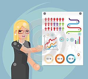 Business infographics presentation female businesswoman flat design character vector illustration