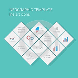 Business infographics template with line icons for graphs and pie chart. Project management presentation.