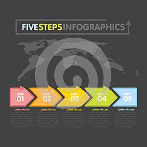 Business infographics template. Timeline with 5 arrows, steps, number options. World Map in background. Vector element