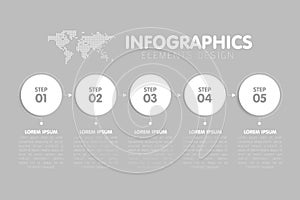 Business infographics template. Timeline with 5 circle arrow steps, five number options. World Map in background. Vector element