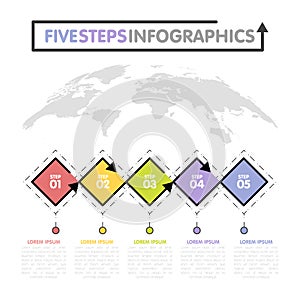 Business infographics template. Timeline with 5 rhombus steps, five number options. World Map in background. Vector element