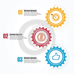Business infographics. Timeline with 3 steps, gears, cogwheels.