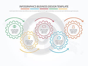 Business infographics. Timeline with 5 steps, gears, cogwheels.