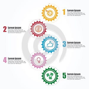 Business infographics. Timeline with 5 steps, gears, cogwheels.