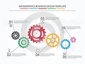 Business infographics. Timeline with 6 steps, gears, cogwheels.