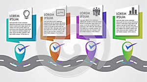 Business Infographics Vector Company Milestones Timeline 4 steps template copy-space with pointers on a curved road line journey.