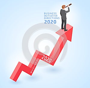 Business initiative directions conceptual isometric design vector illustrations. Businessman standing on top red arrow