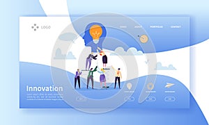 Business Innovation Landing Page Template. Creative Idea Website Layout with Flat People Characters and Light Bulb