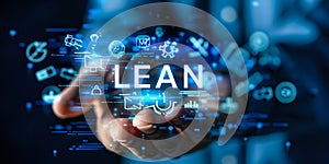 Business Innovator Harnessing LEAN Principles for Maximizing Value and Efficiency with a Futuristic Interactive Display photo