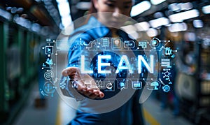 Business Innovator Harnessing LEAN Principles for Maximizing Value and Efficiency with a Futuristic Interactive Display photo