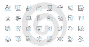 Business insights linear icons set. Analytics, Trends, Strategies, Data, Metrics, Performance, Opportunities line vector