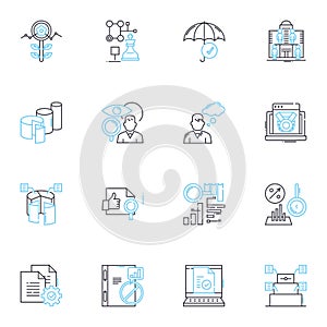 Business insights linear icons set. Analytics, Trends, Strategies, Data, Metrics, Performance, Opportunities line vector