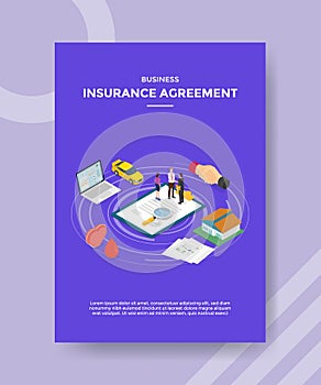 business insurance agreement people handshake on policy around laptop for template flyer and print banner cover isometric 3d flat