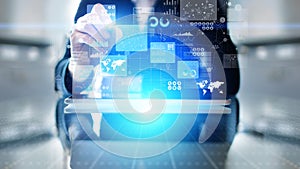 Business intelligence analyst dashboard on virtual screen. Big data Graphs Charts.