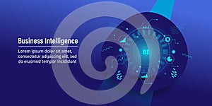 Business intelligence, business analytics, big data monitoring futuristic style, hologram base web banner, technology concept.