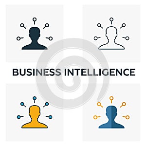 Business Intelligence icon set. Four elements in diferent styles from industry 4.0 icons collection. Creative business