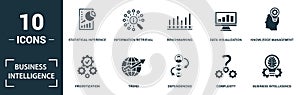 Business Intelligence icon set. Monochrome sign collection with statistical inference, information retrieval, benchmarking, data