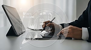 Business Intelligence and ROI analysis on tablet screen