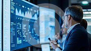 Business Intelligence Team Analyzing Data on Wall Screens