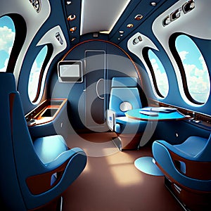 Business Interior Jet Airplane in blue and white color.