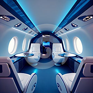 Business Interior Jet Airplane in blue and white color.