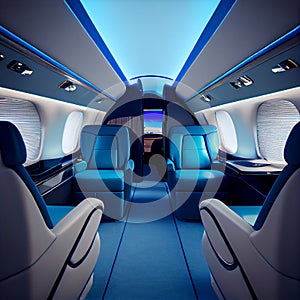 Business Interior Jet Airplane in blue and white color.