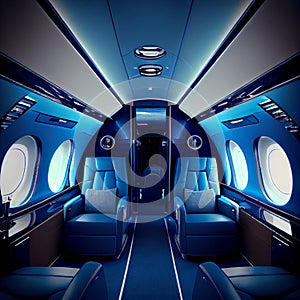 Business Interior Jet Airplane in blue and white color.