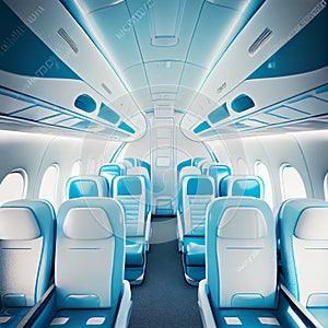 Business Interior Jet Airplane in blue and white color.