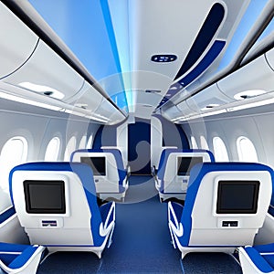 Business Interior Jet Airplane in blue and white color.