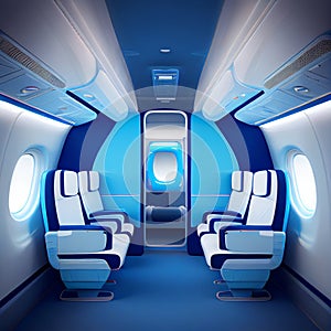 Business Interior Jet Airplane in blue and white color.